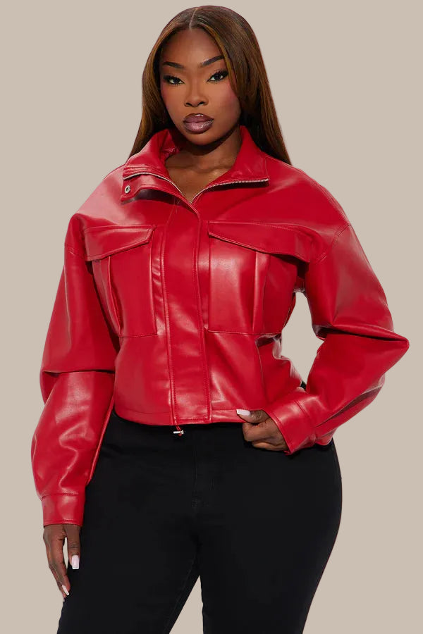 Feelings Faux Leather Cropped Bomber Jacket