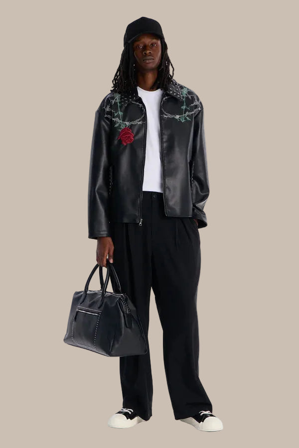 Studded Rose Embroidered Faux Leather Jacket