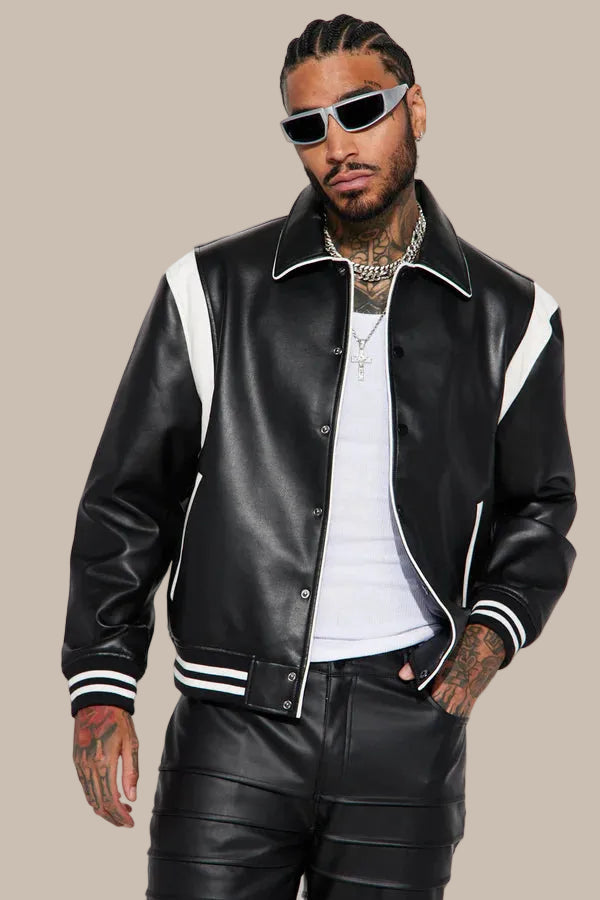 Luxury Faux Leather Versity Jacket -Black