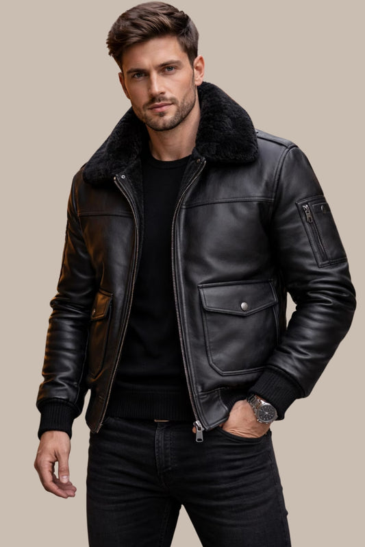 Black Leather Bomber Jacket with Faux Fur Collar