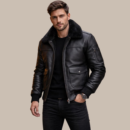 Black Leather Bomber Jacket with Faux Fur Collar