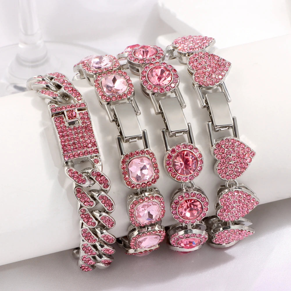 Rhinestone Paved Heart Cuban Chain Bracelet