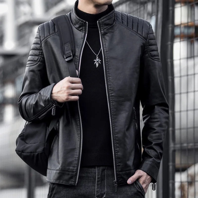 2024 Moto Pu Leather Jacket Men Winter Leahter Jacket Male Stand Collar Casual Windbreaker Trendy Mens Clothing Black Blue