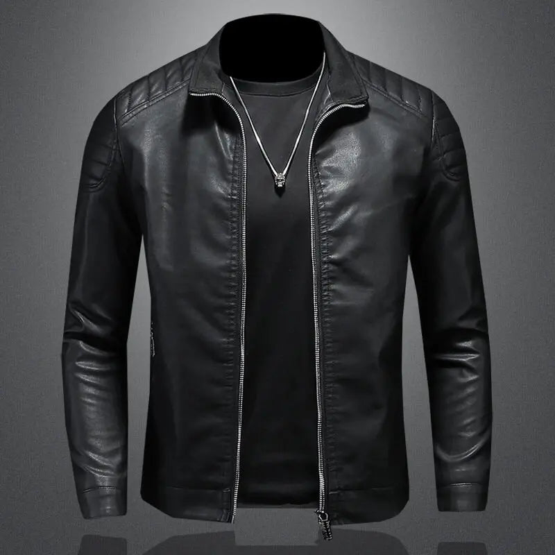 2024 Moto Pu Leather Jacket Men Winter Leahter Jacket Male Stand Collar Casual Windbreaker Trendy Mens Clothing Black Blue