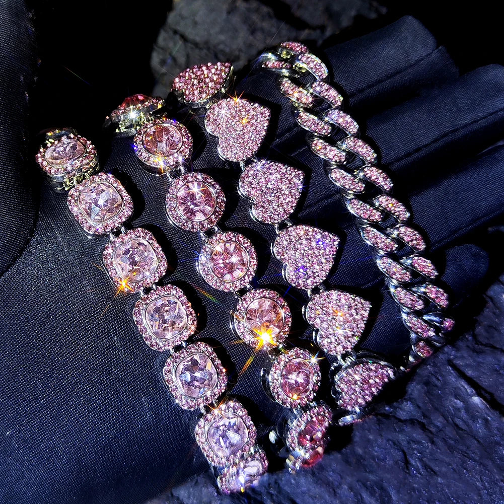 Rhinestone Paved Heart Cuban Chain Bracelet