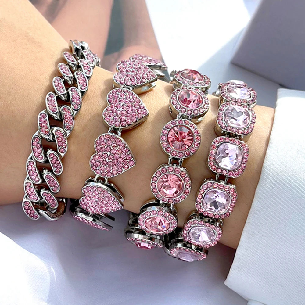 Rhinestone Paved Heart Cuban Chain Bracelet