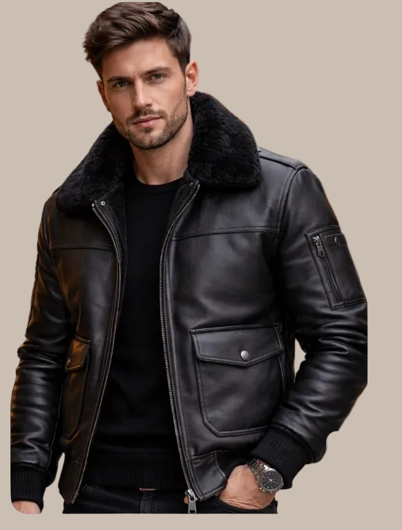 Black Leather Bomber Jacket with Faux Fur Collar