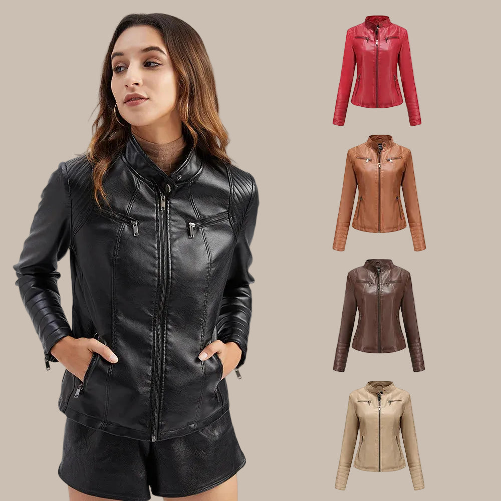 Women's Slim PU Stand-Collar Jacket