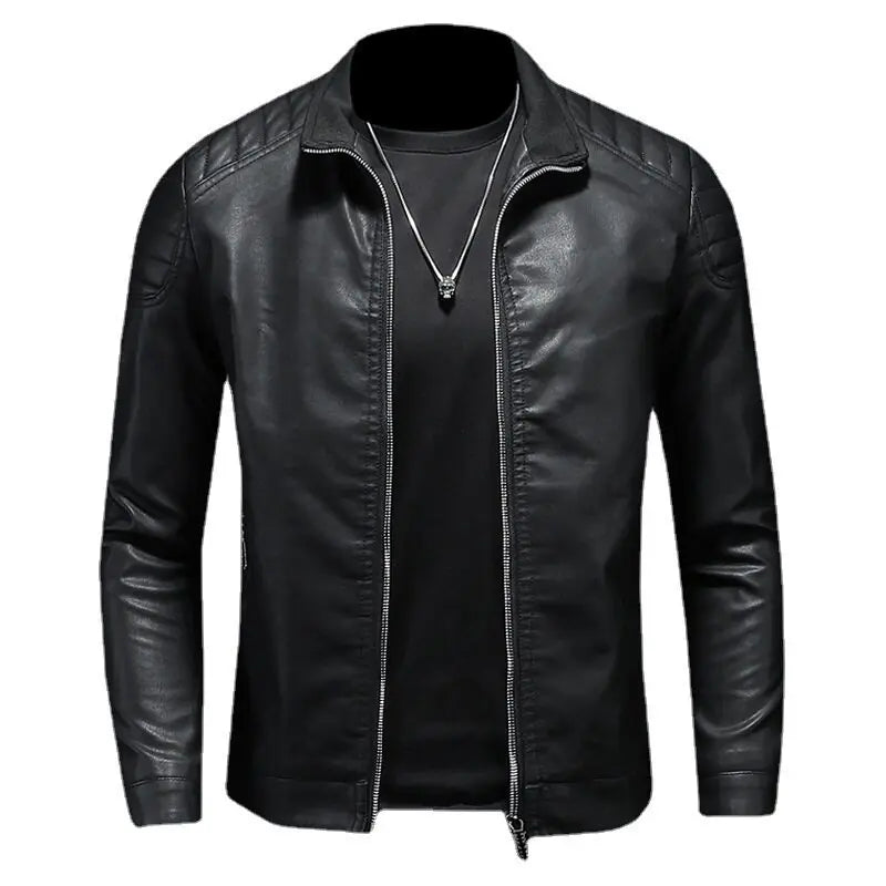 2024 Moto Pu Leather Jacket Men Winter Leahter Jacket Male Stand Collar Casual Windbreaker Trendy Mens Clothing Black Blue