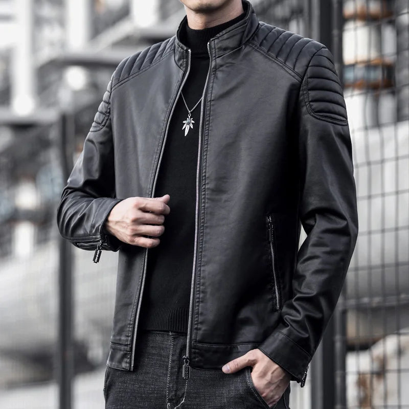 2024 Moto Pu Leather Jacket Men Winter Leahter Jacket Male Stand Collar Casual Windbreaker Trendy Mens Clothing Black Blue