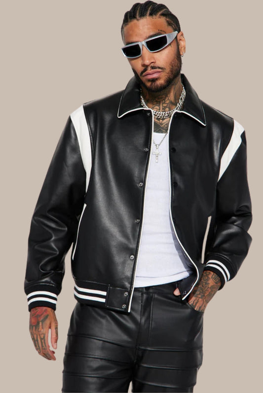 Luxury Faux Leather Versity Jacket -Black