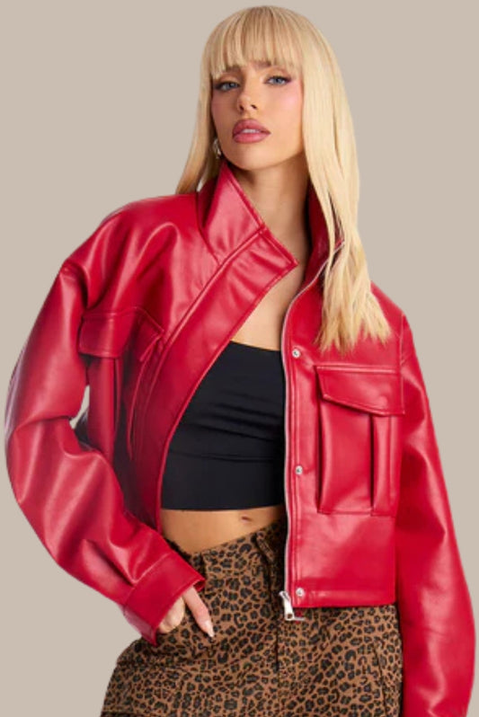 Feelings Faux Leather Cropped Bomber Jacket