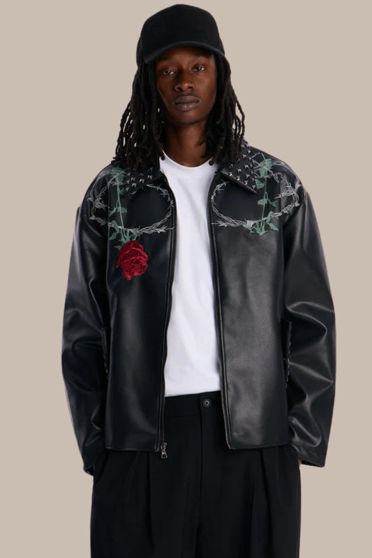 Studded Rose Embroidered Faux Leather Jacket