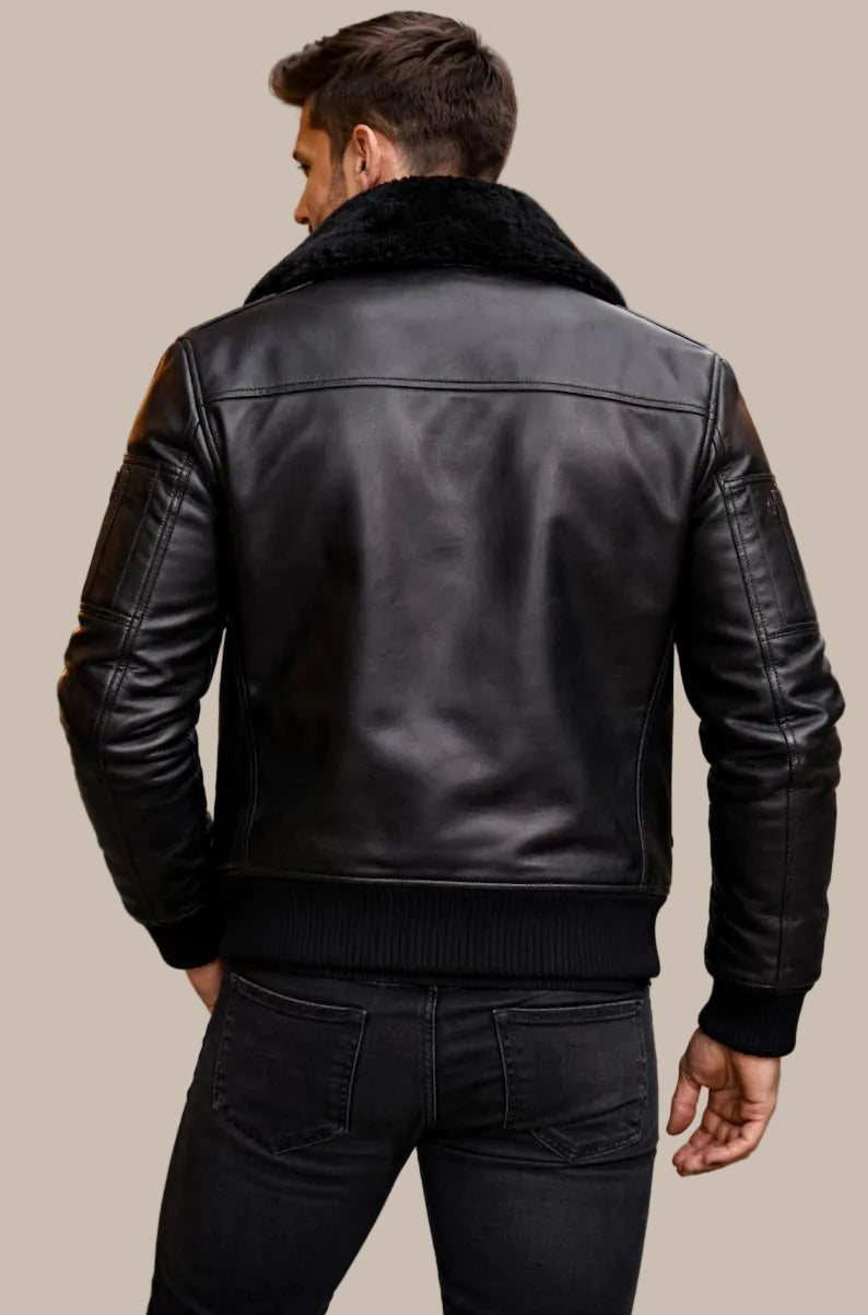 Black Leather Bomber Jacket with Faux Fur Collar