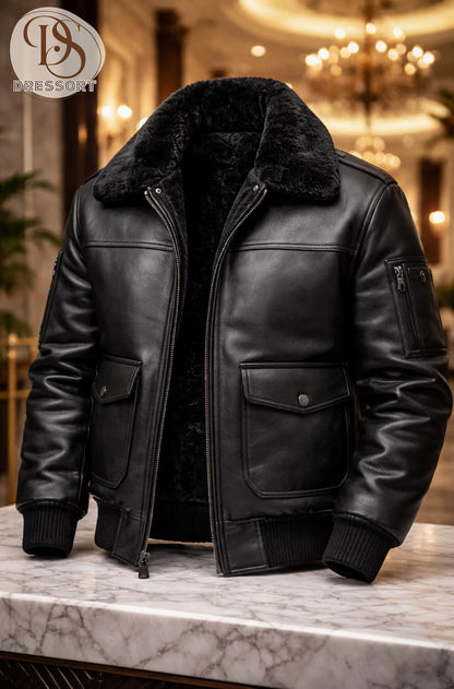 Black Leather Bomber Jacket with Faux Fur Collar